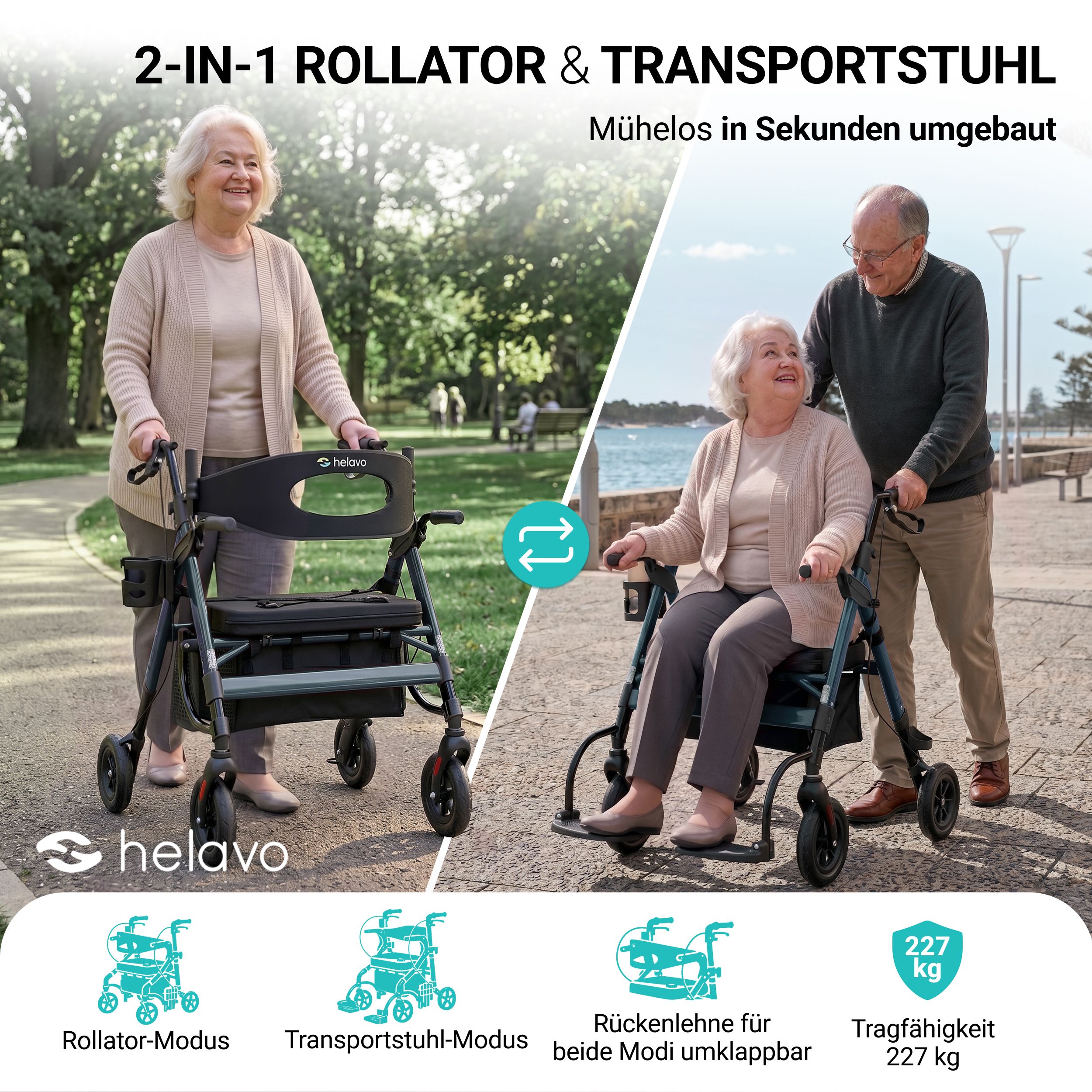 Deux personnes âgées utilisent un déambulateur et un fauteuil de transport en extérieur.