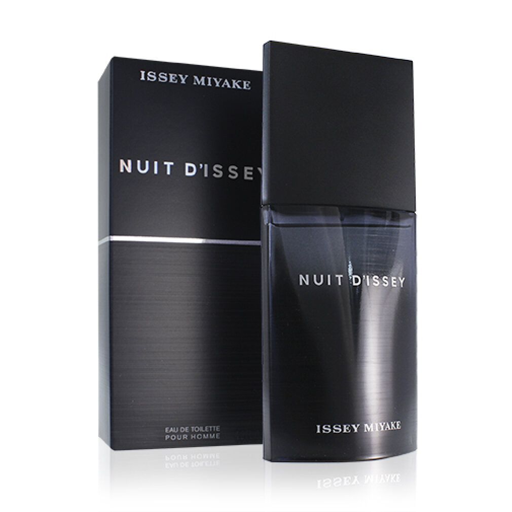 Flacon et boîte noirs. Inscription: Nuit d'Issey, Eau de Toilette pour Homme. Marque: Issey Miyake.