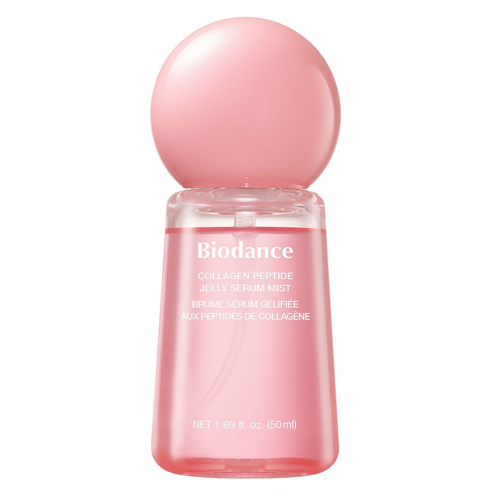 Biodance collageen peptide jelly serum mist in een roze spuitfles met ronde dop.