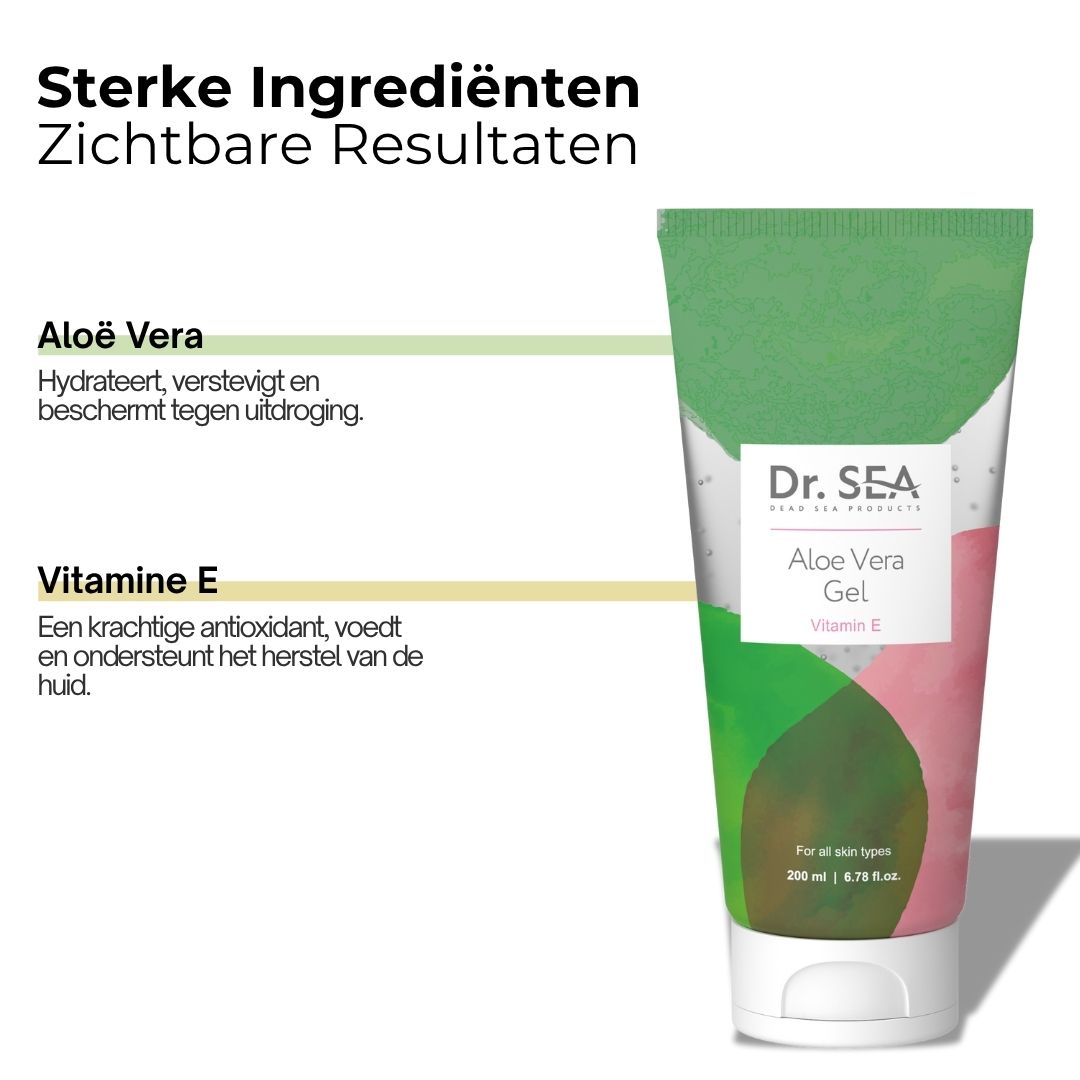 Tube met aloë vera gel. Groen-roze design. Tekst: Dr. SEA, Aloe Vera Gel, Vitamine E. Infographic met ingrediënten.
