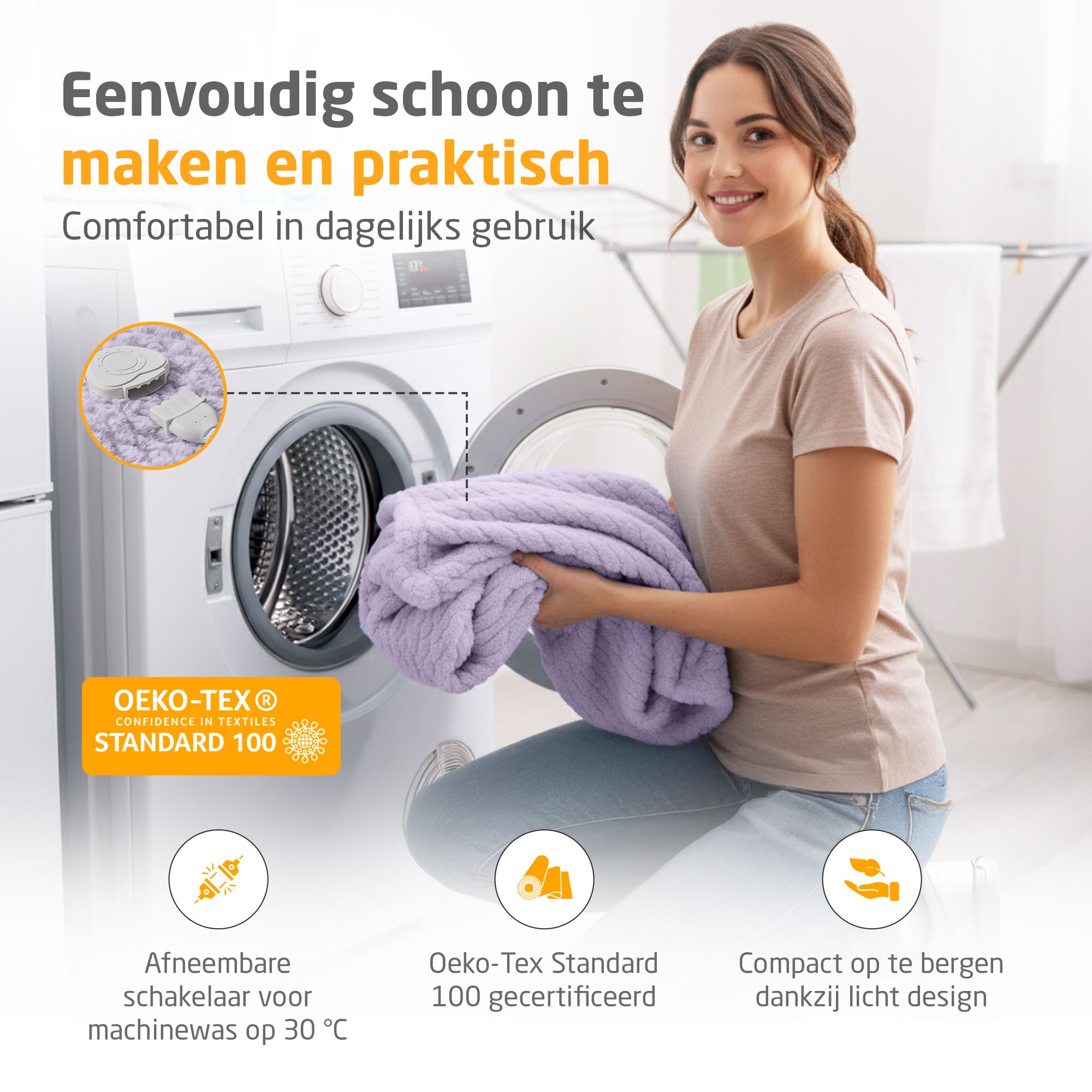 Lichtpaarse verwarmde deken in wasmachine. Vrouw houdt deken vast. Oeko-Tex Standard 100. Afneembaar bedieningspaneel.