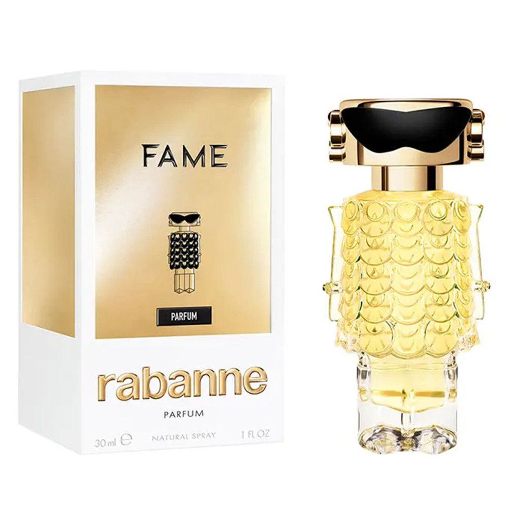 Flacon de parfum et emballage. Flacon en forme de robot, doré. Emballage avec logo et nom du produit.