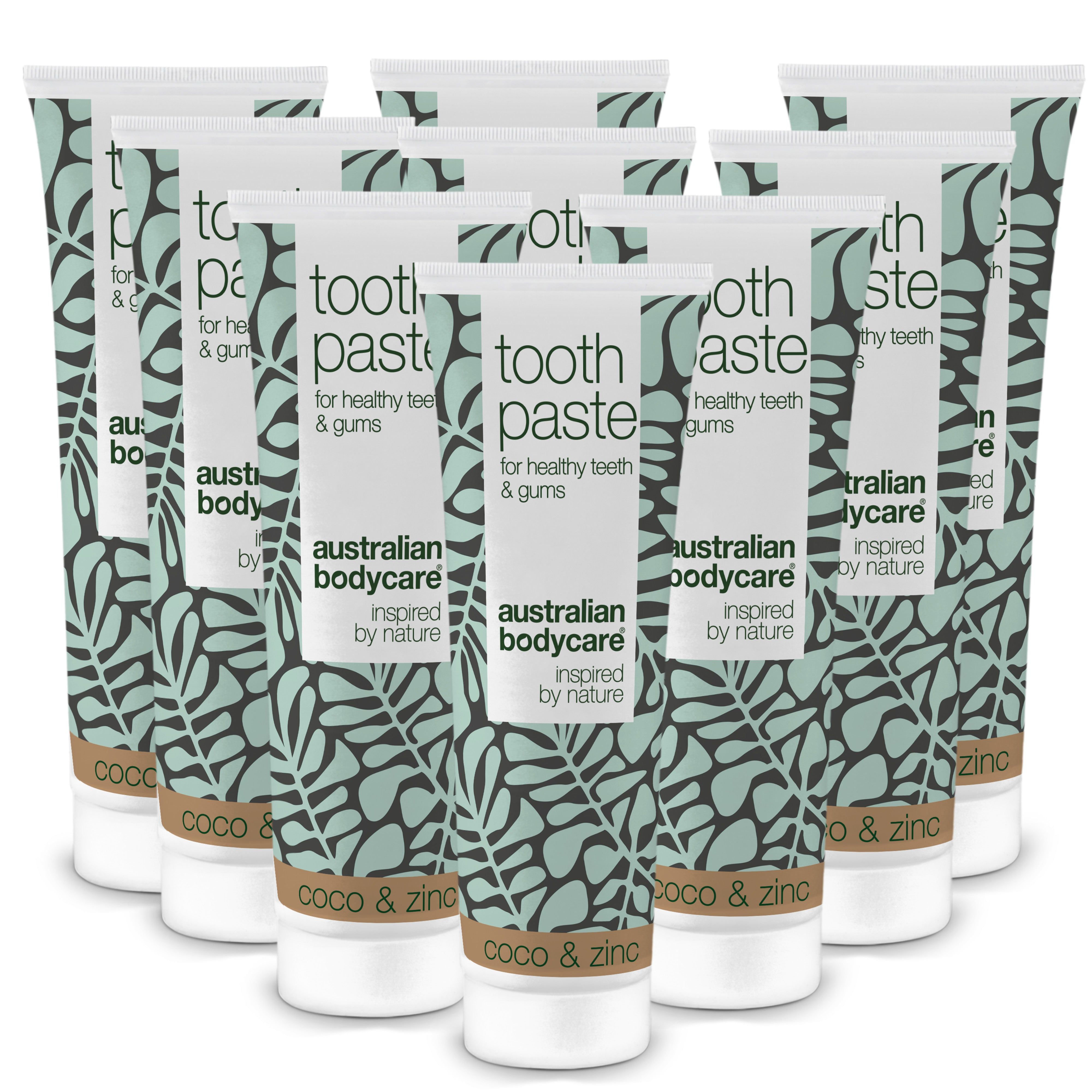 Tandpastatubes. Opschrift: Australian Bodycare, Coco & Zinc. Groen-wit ontwerp met bladeren.