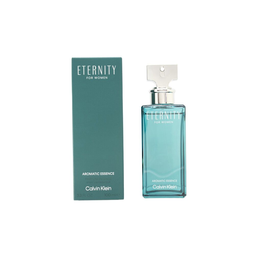Flacon et boîte. Flacon rectangulaire, bleu-vert, bouchon argenté. Boîte bleu-vert, inscription Eternity, Calvin Klein.