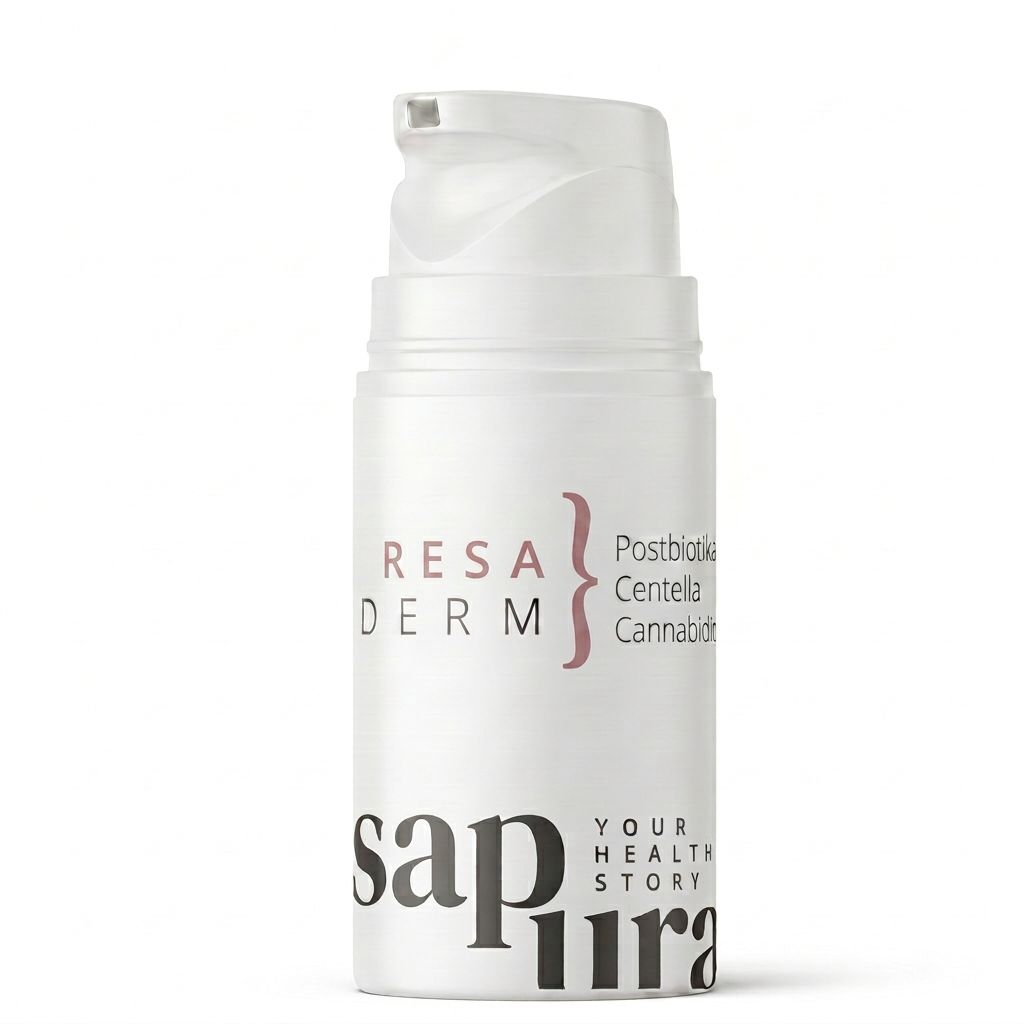 Witte pompflacon met etiket: RESADERM, Postbiotica, Centella, Cannabidiol.