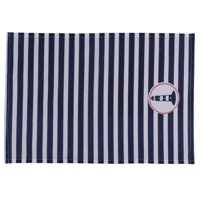 Theedoek met blauw-witte strepen en vuurtorenmotief in een ronde lijst.