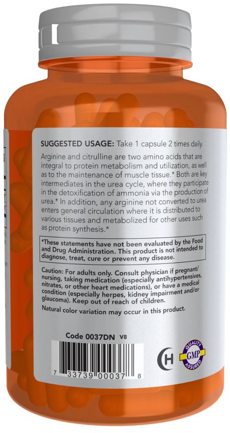 Achterkant fles. Opschrift: SUGGESTED USAGE. Bevat informatie over arginine en citrulline. GMP-kwaliteitszegel.