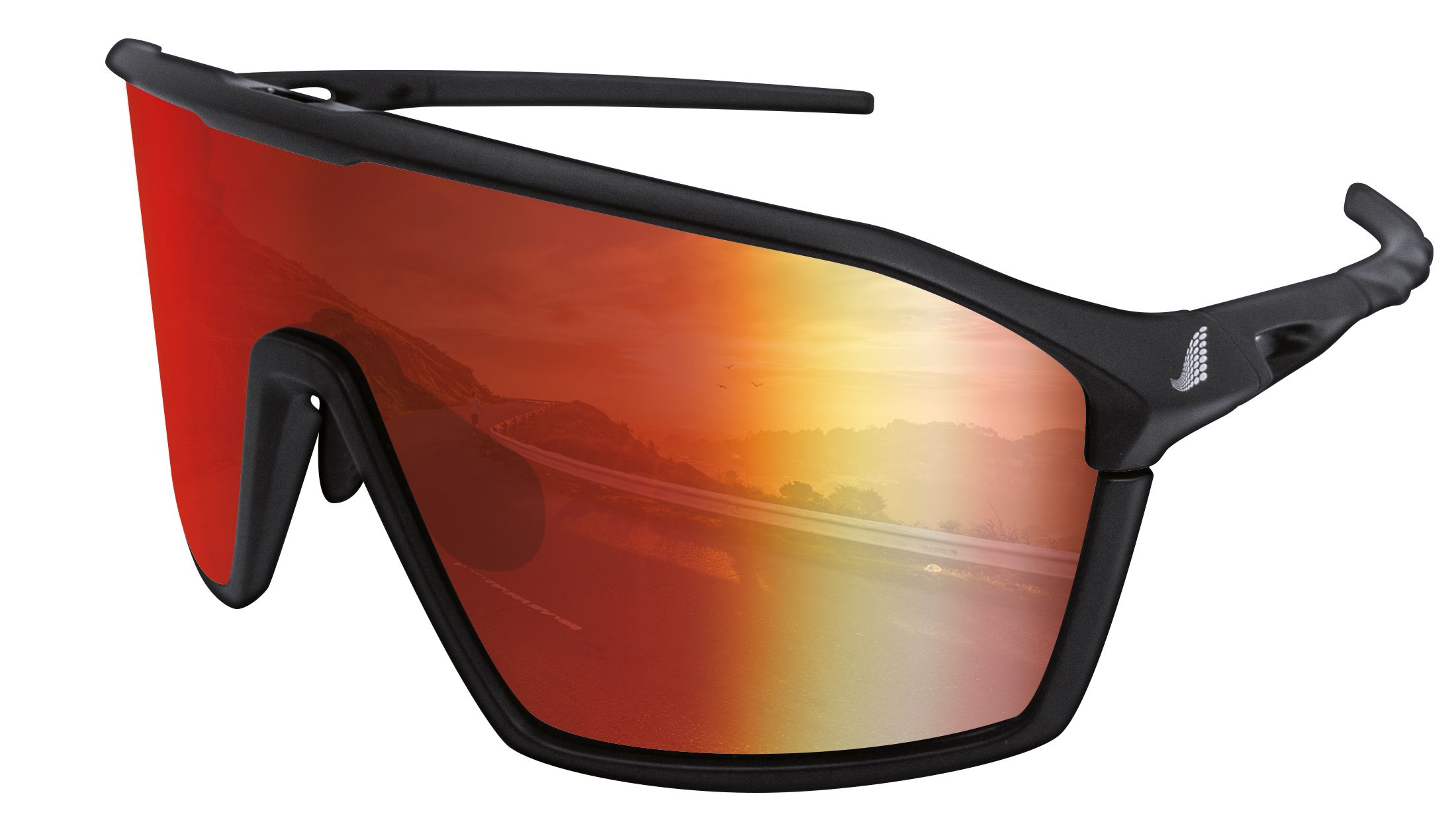 Lunettes de sport noires avec visière miroir réfléchissant un paysage. Monture noire.