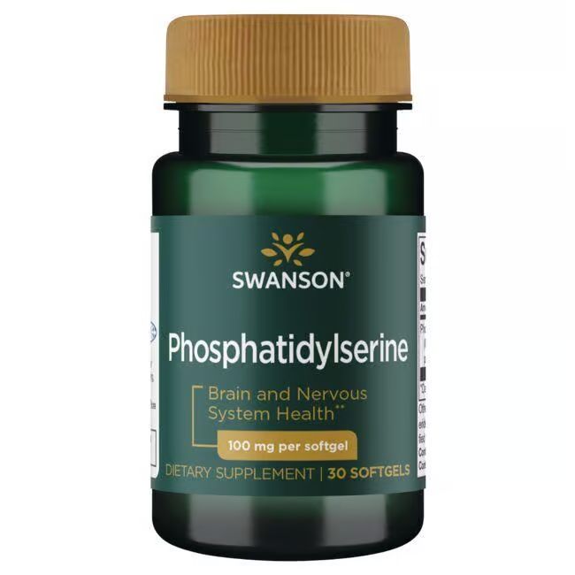 Groene fles met bruine dop. Label met "SWANSON" en "Phosphatidylserine". Bevat 30 softgels. 100 mg per softgel.
