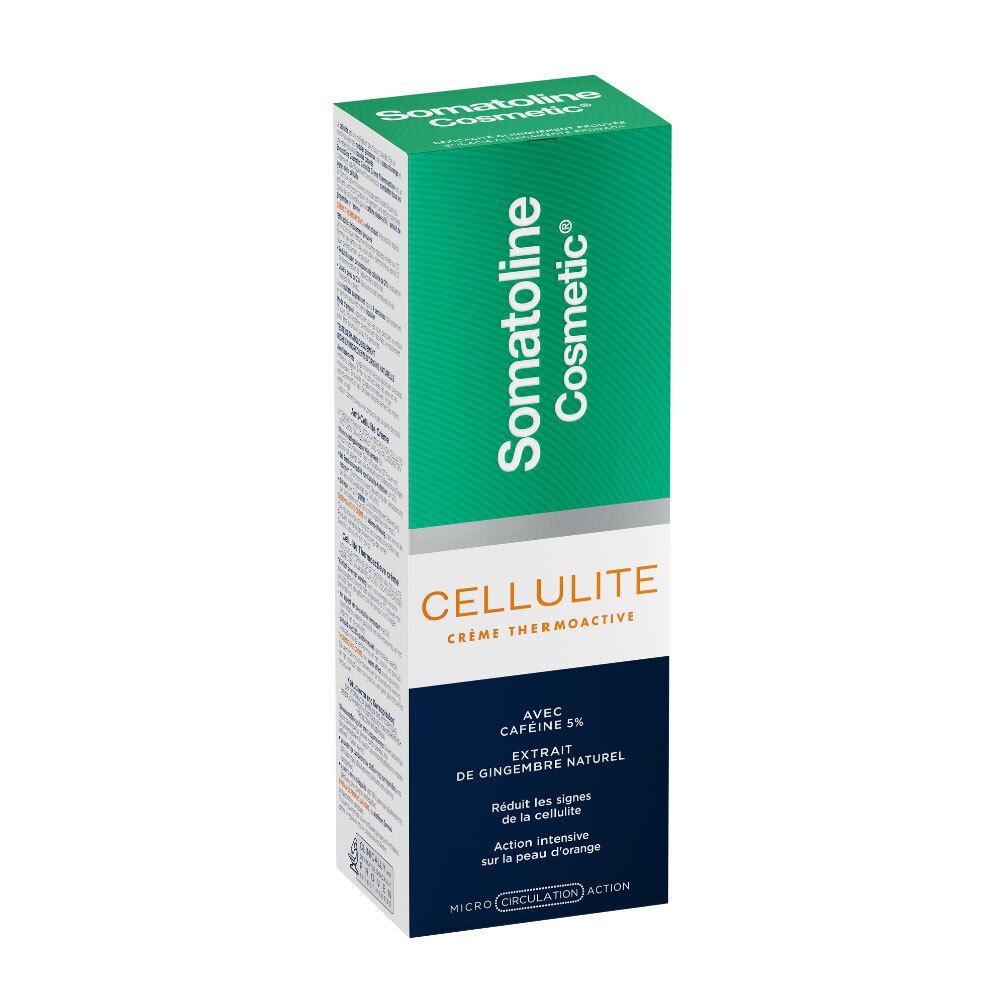Groene doos met Somatoline Cosmetic en CELLULITE. Bevat cafeïne 5% en gember.