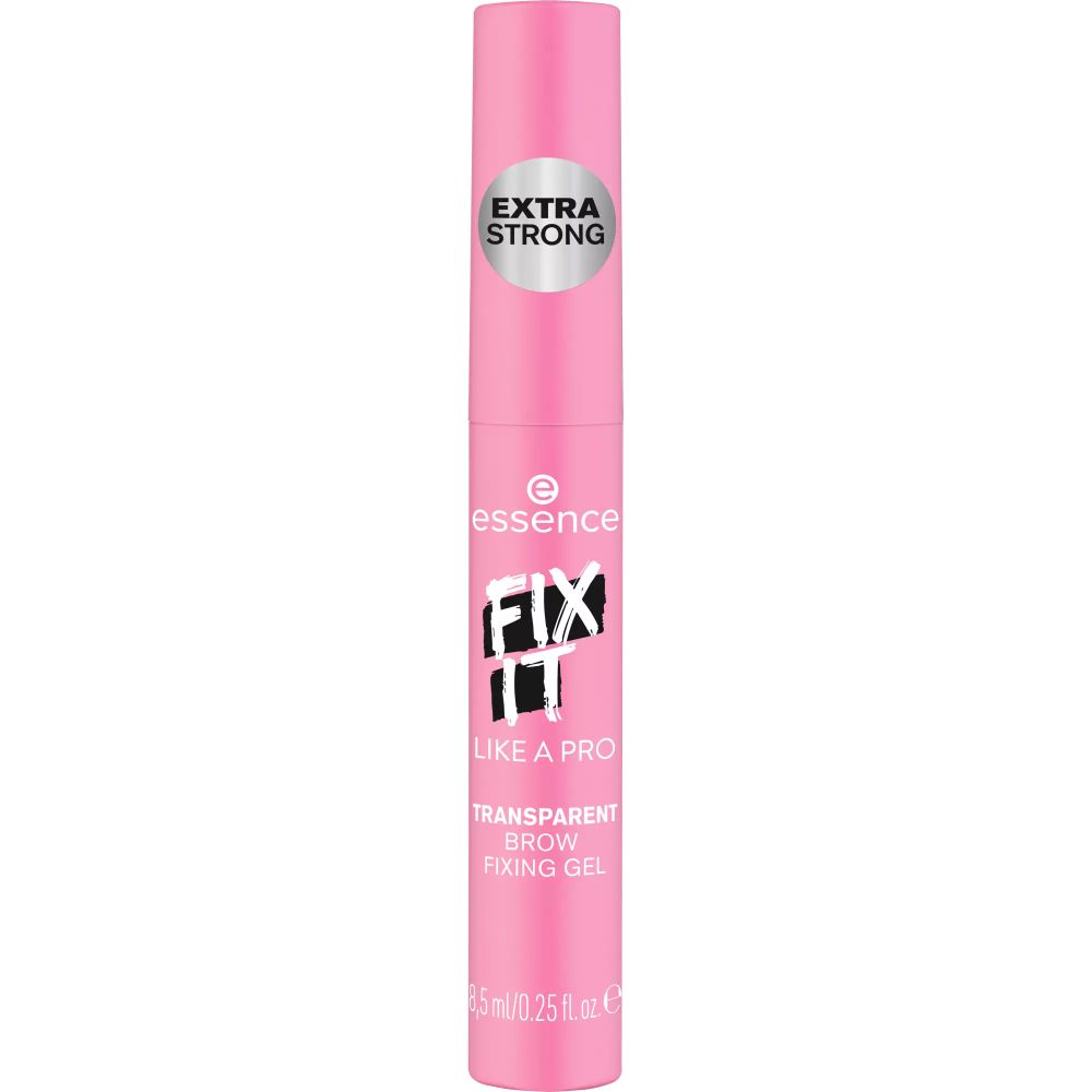Roze wenkbrauwgel tube met zilveren sticker "EXTRA STRONG". Tekst: "essence", "FIX IT LIKE A PRO", "TRANSPARENT BROW FIXING GEL".