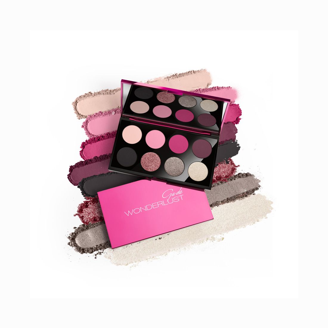 Palette de fards à paupières Ga-De Wonderlust, huit teintes, étui noir avec couvercle rose. Échantillons de couleurs autour.