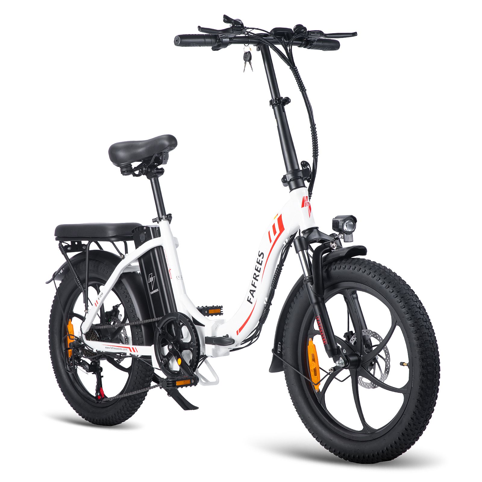 Opvouwbare e-bike FAFREES F20, wit, zwarte banden, rood logo. Schijfremmen, bagagerek, spatborden, oranje reflectoren.