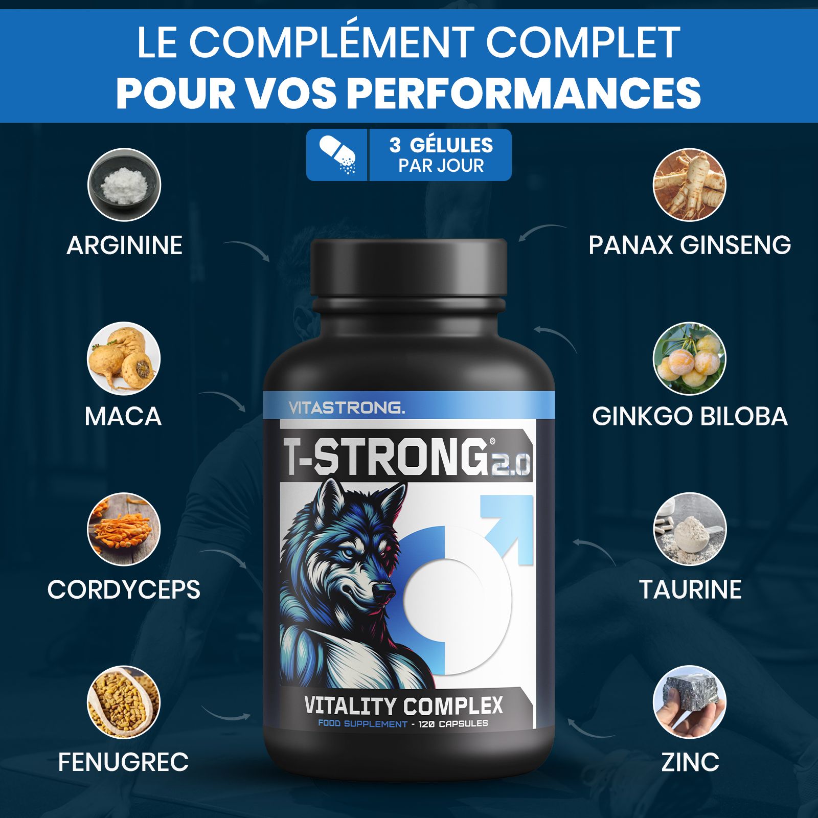 Vitastrong T-STRONG 2.0 fles. Zwarte fles met blauw etiket. Bevat 120 capsules. Ingrediënten afgebeeld.