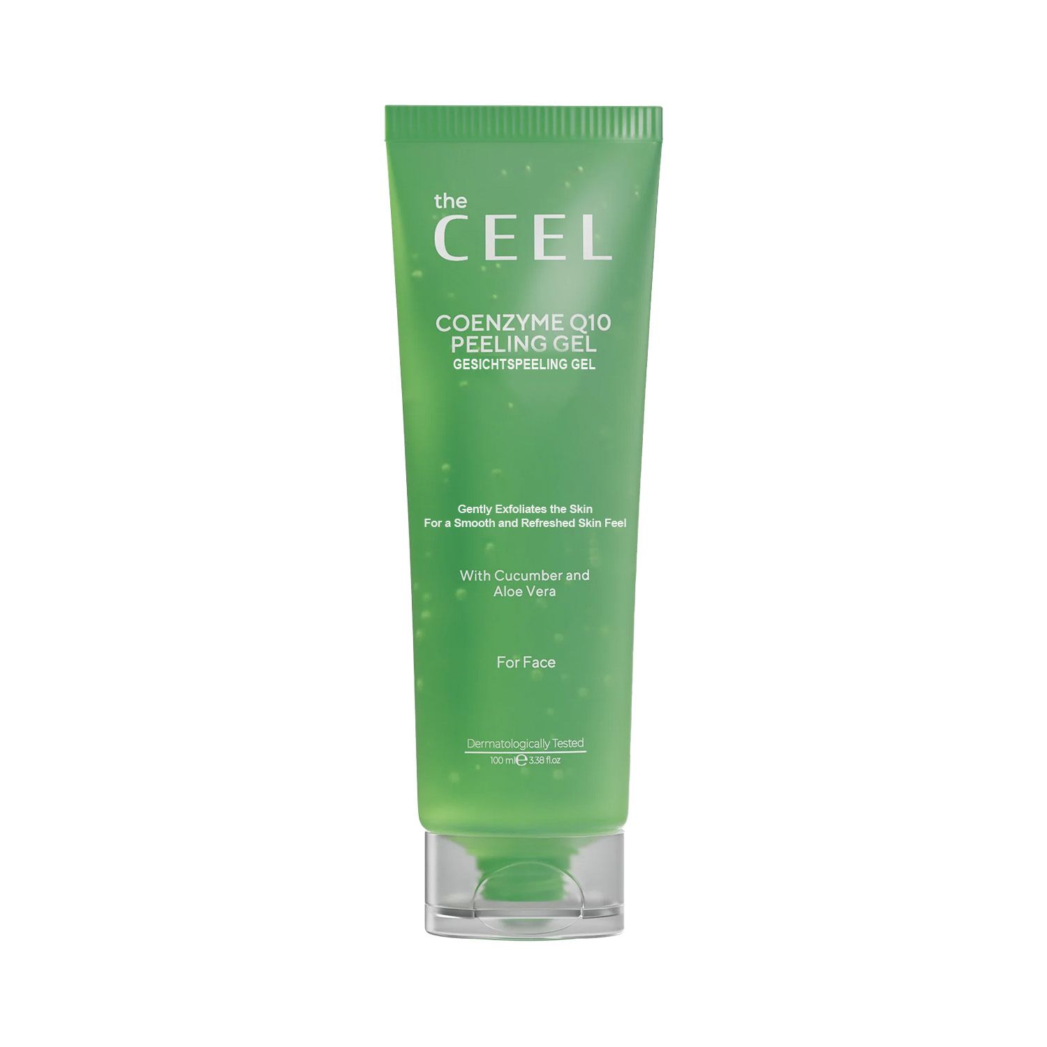 Groene tube "the CEEL COENZYME Q10 PEELING GEL". Ingrediënten: komkommerextract, aloë vera-extract, co-enzym Q10.