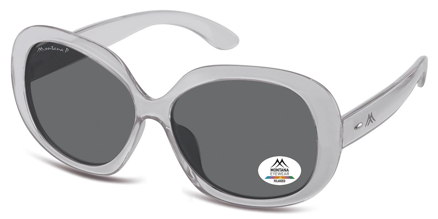 Zonnebril met grijze glazen en een licht montuur. Het Montana Eyewear logo is zichtbaar op een glas.