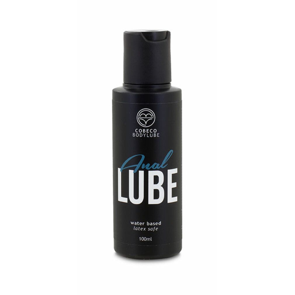 Flacon noir avec inscription Anal Lube, à base d'eau, compatible latex, 100ml.