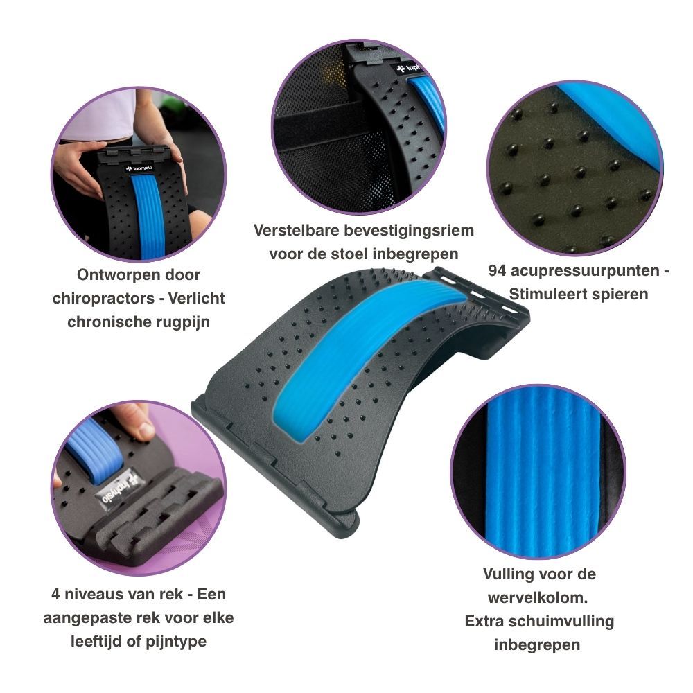 Detailweergave van de rugstrekker met blauwe inzet en acupressuurpunten. Verschillende productkenmerken.