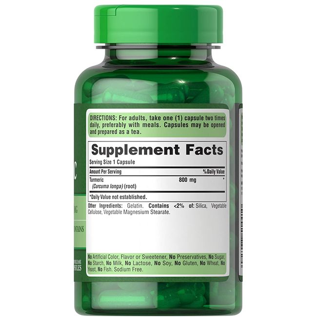 Groene capsule met "Supplement Facts" etiket waarop 800 mg kurkuma per capsule staat.