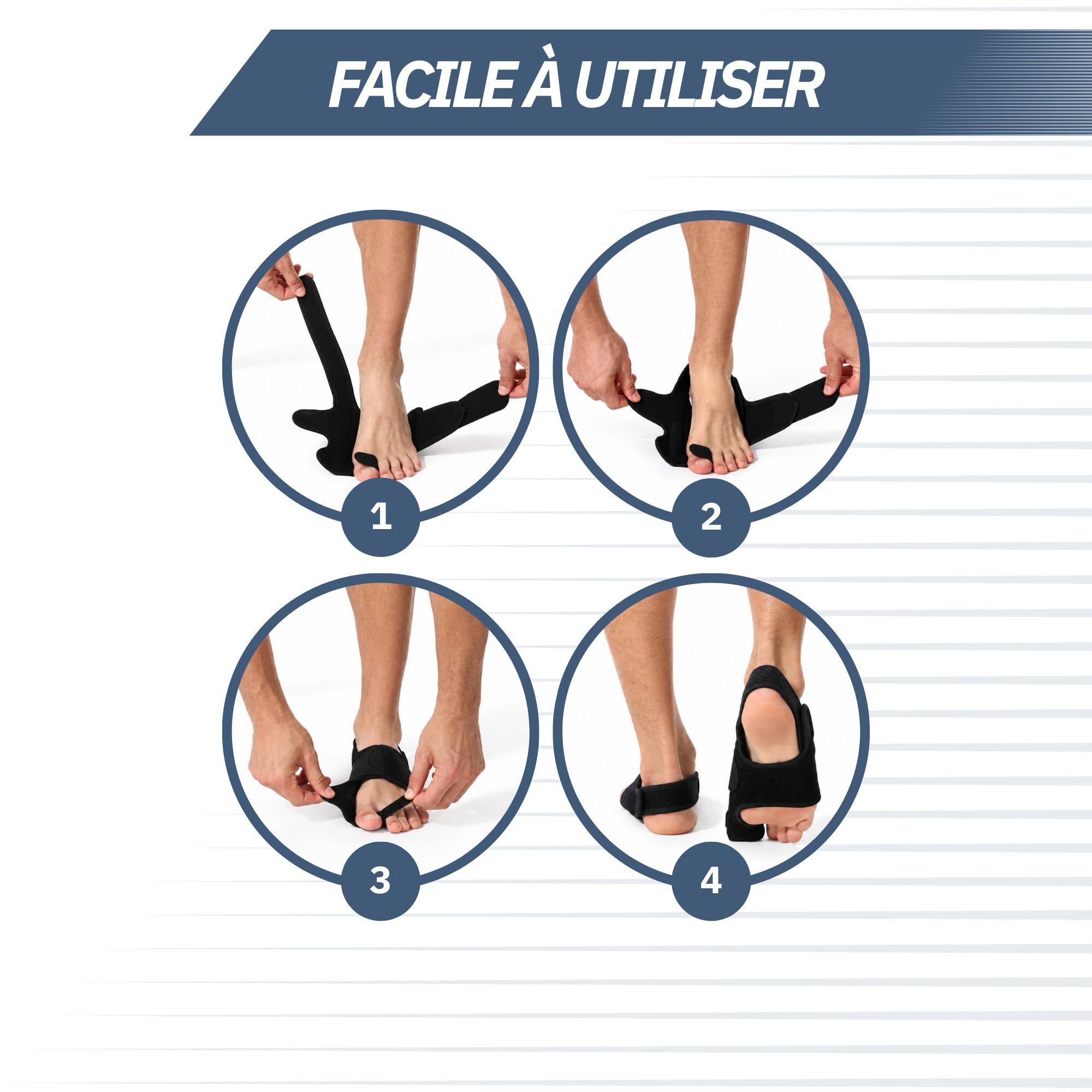 Étapes d'utilisation de l'orthèse pour oignon : 1-4.