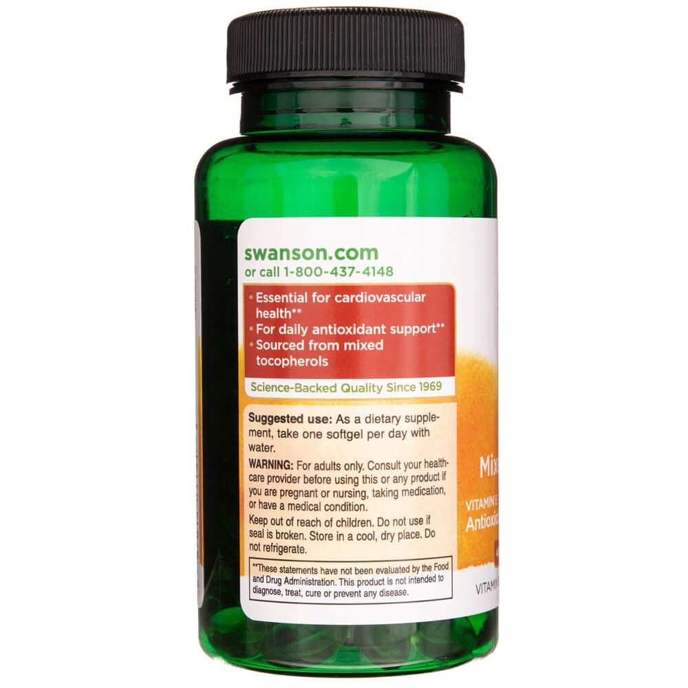 Achterkant van een groene fles met SWANSON Vitamine E gemengde tocoferolen, gebruiksaanwijzing.