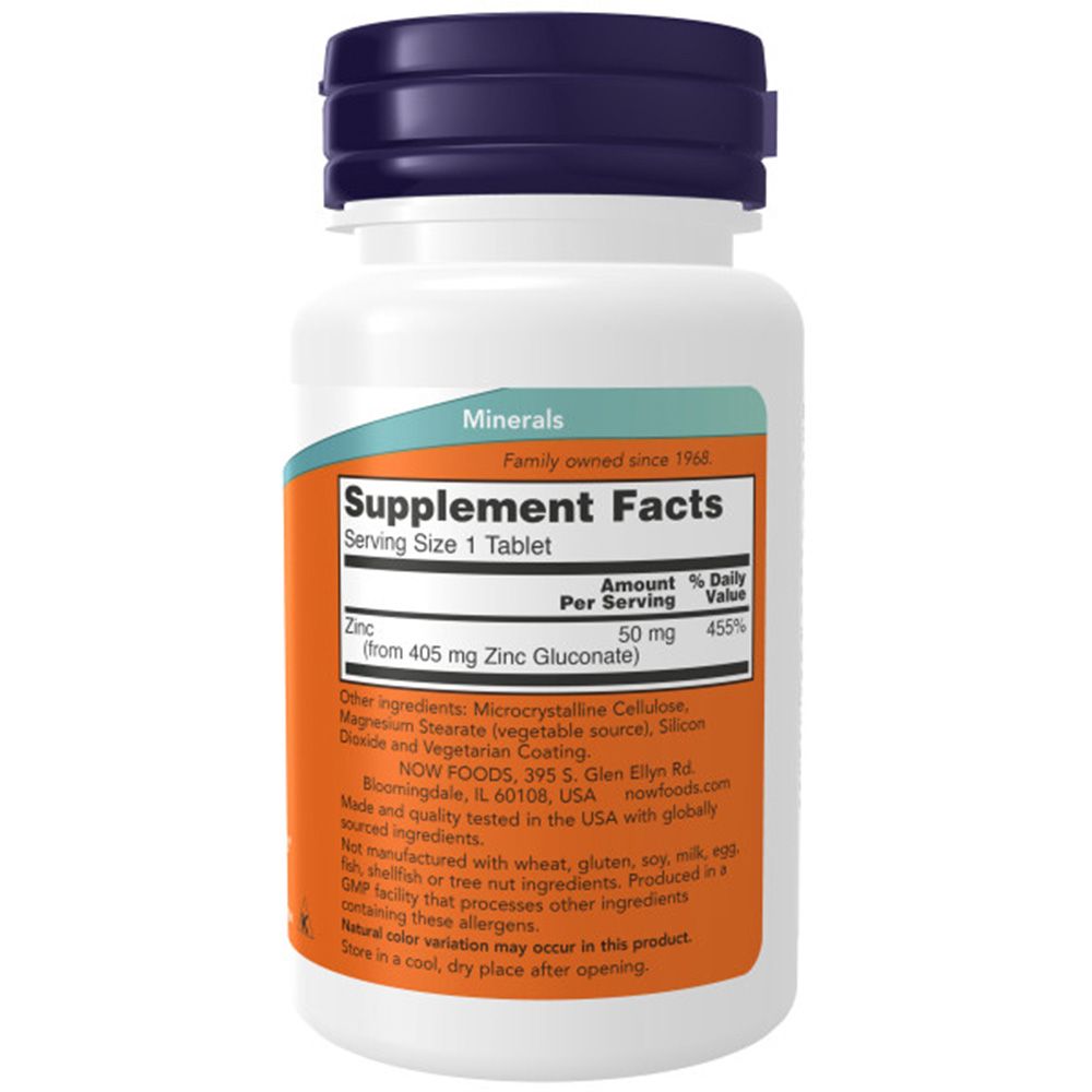 Dos du flacon. "Supplement Facts" avec informations nutritionnelles. Contient du zinc. Fabricant : NOW FOODS. Végétalien.