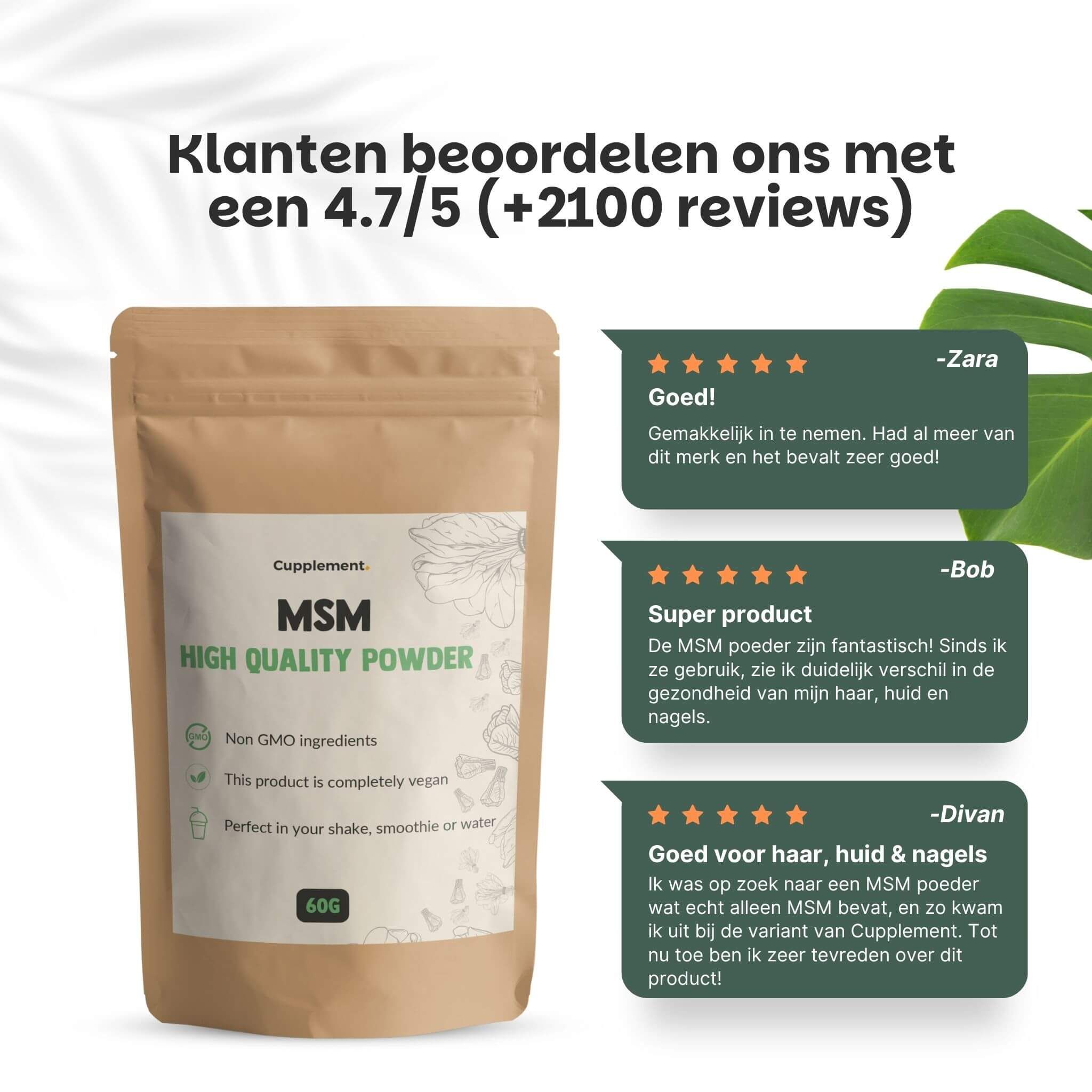 Zakje MSM-poeder. Tekst: MSM, High Quality Powder. 60g. Vegan, zonder GGO's. Klantenbeoordelingen.