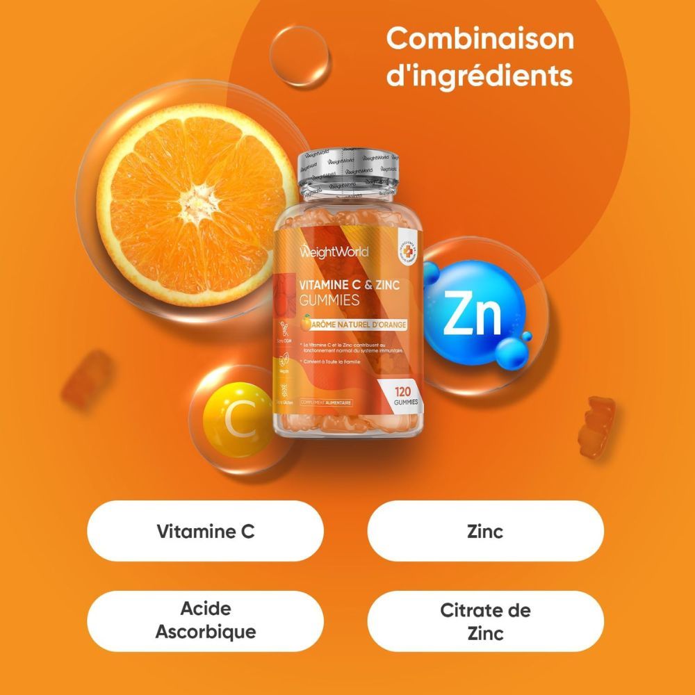 WeightWorld Vitamine C & Zinc Gummibärchen avec orange, zinc et gommes. Texte : Combinaison d'ingrédients.