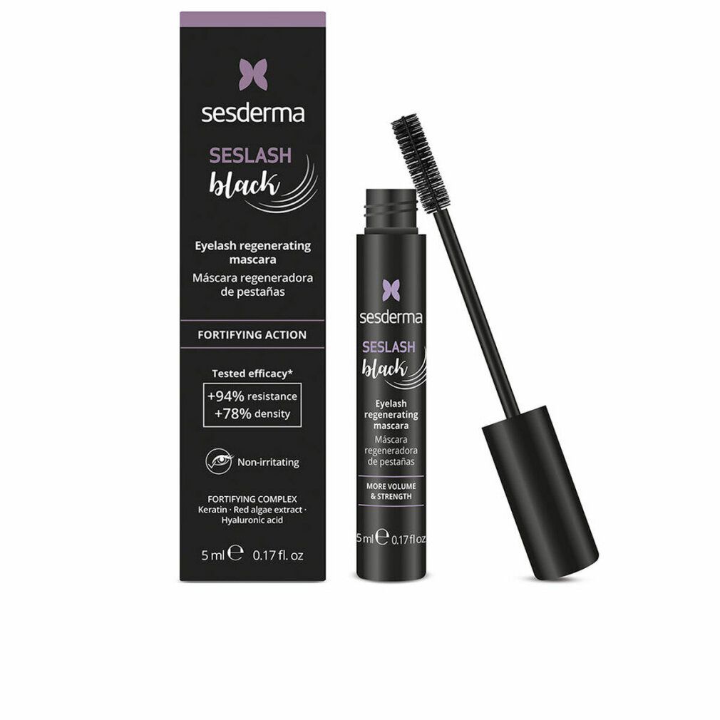 Tube de mascara noir avec brosse et emballage. Sesderma Seslash Black, texte sur le tube et l'emballage.