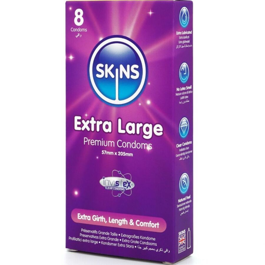 Boîte de 8 préservatifs SKINS Extra Large. Dimensions : 57mm x 205mm. Inscription « Extra Girth, Length & Comfort ».