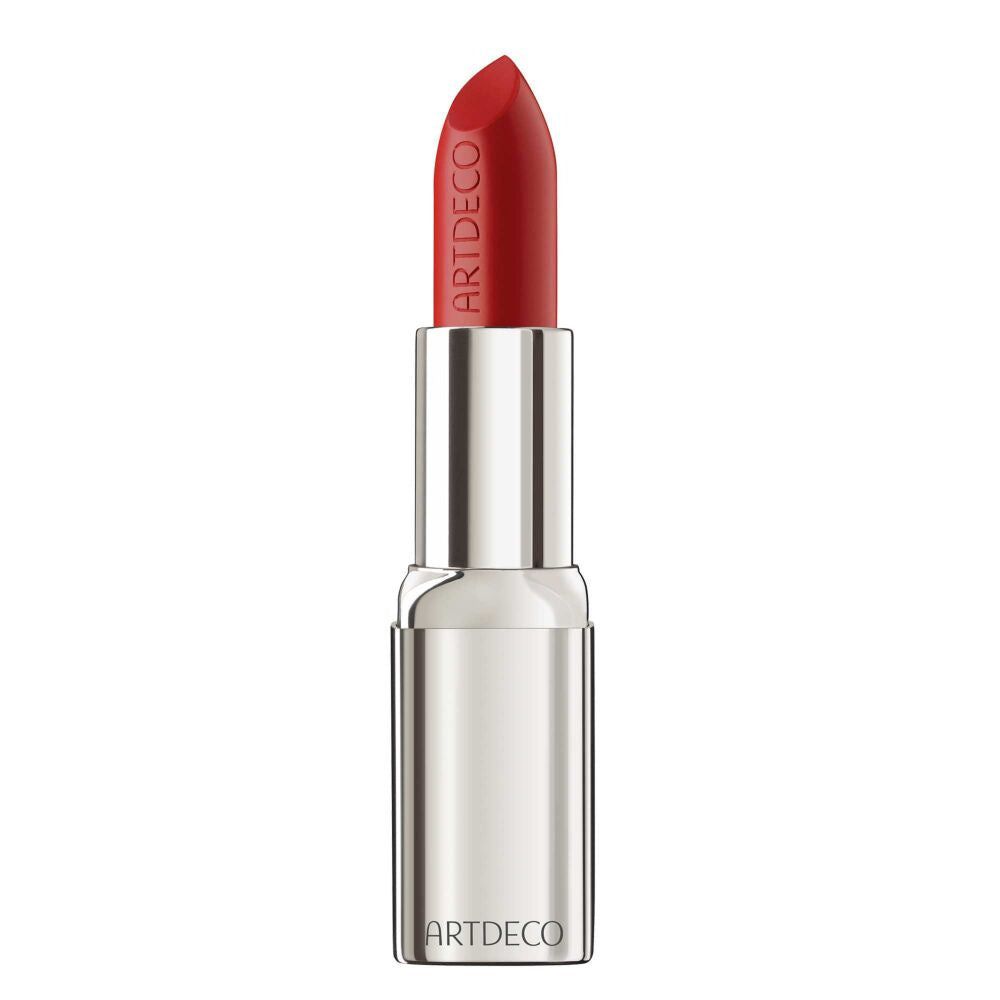 Rode lipstick met zilveren huls. ARTDECO-opschrift op de lipstick.