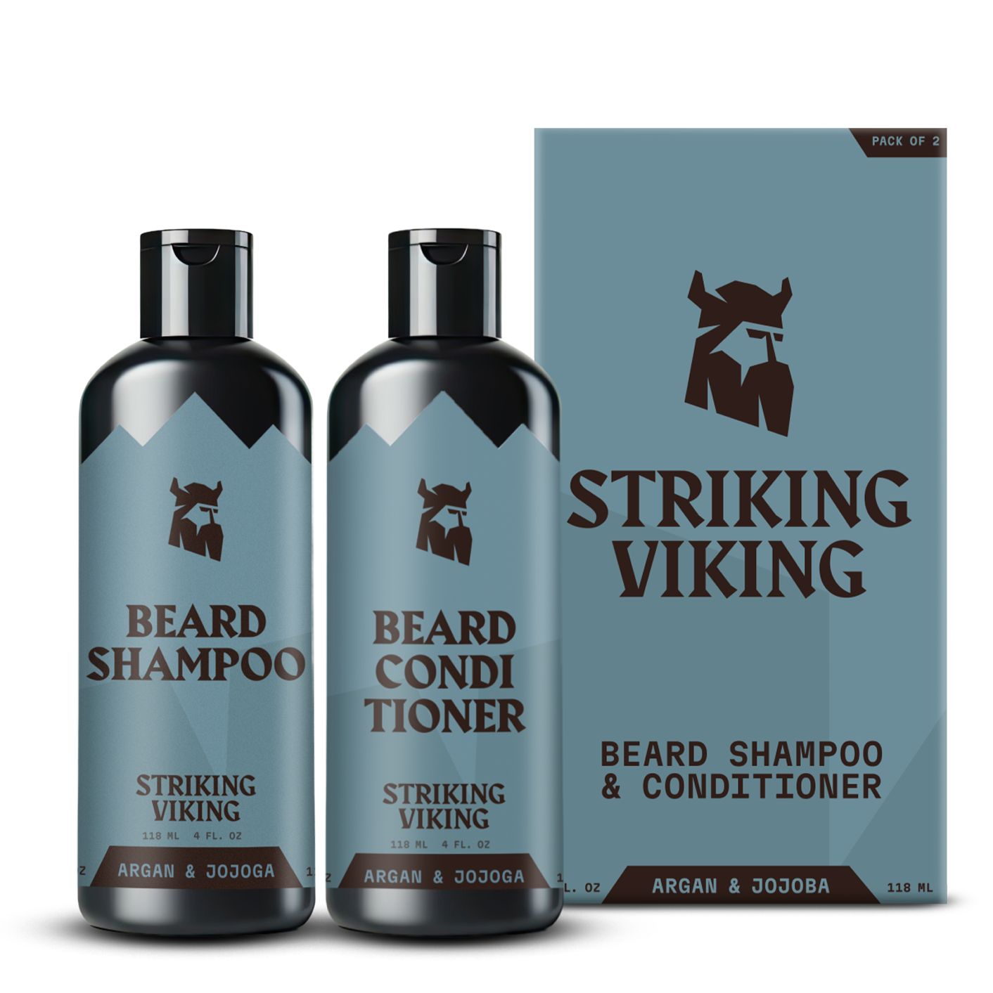 Deux flacons et une boîte. Les flacons indiquent "BEARD SHAMPOO" et "BEARD CONDITIONER". La boîte indique "STRIKING VIKING".