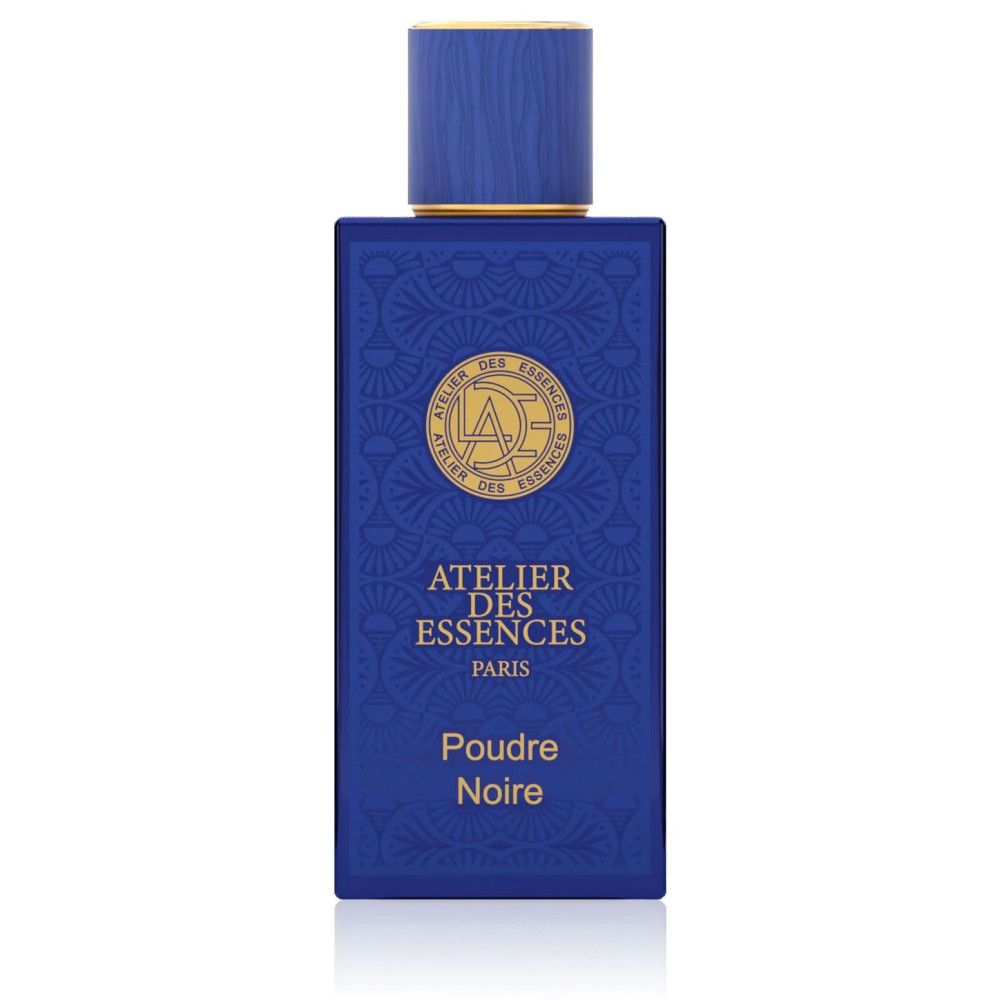 Flacon bleu foncé, bouchon doré. Inscription: Atelier des Essences Paris, Poudre Noire.