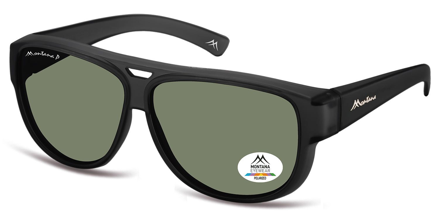 Zwarte zonnebril, zijaanzicht. Groene glazen, Montana Eyewear logo op pootjes en glas. Polarized sticker.