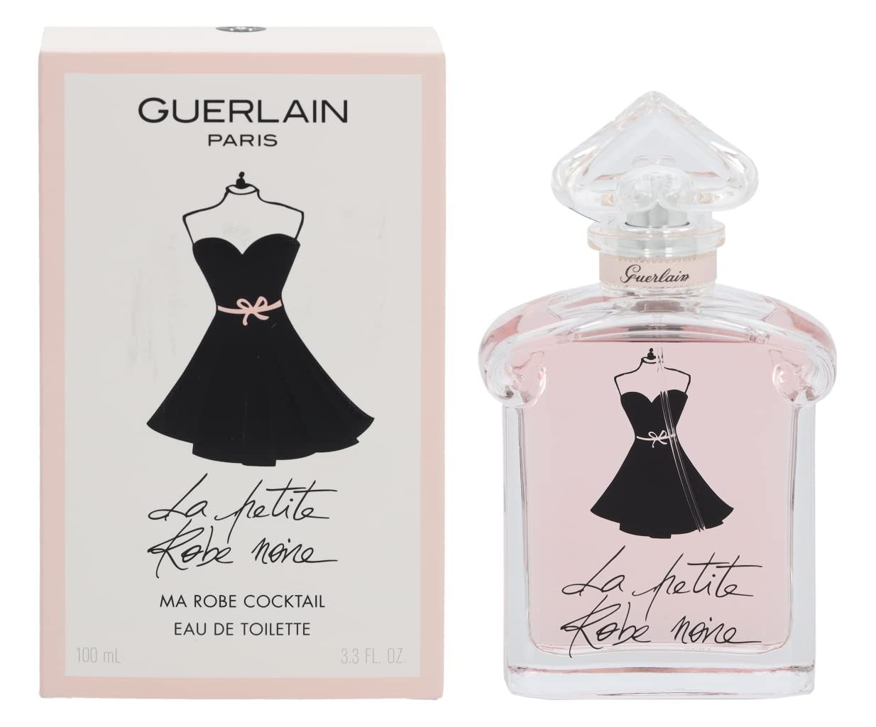 Fles en verpakking. Fles met roze vloeistof, zwart jurk-ontwerp. Verpakking met logo en productnaam. Guerlain Paris.
