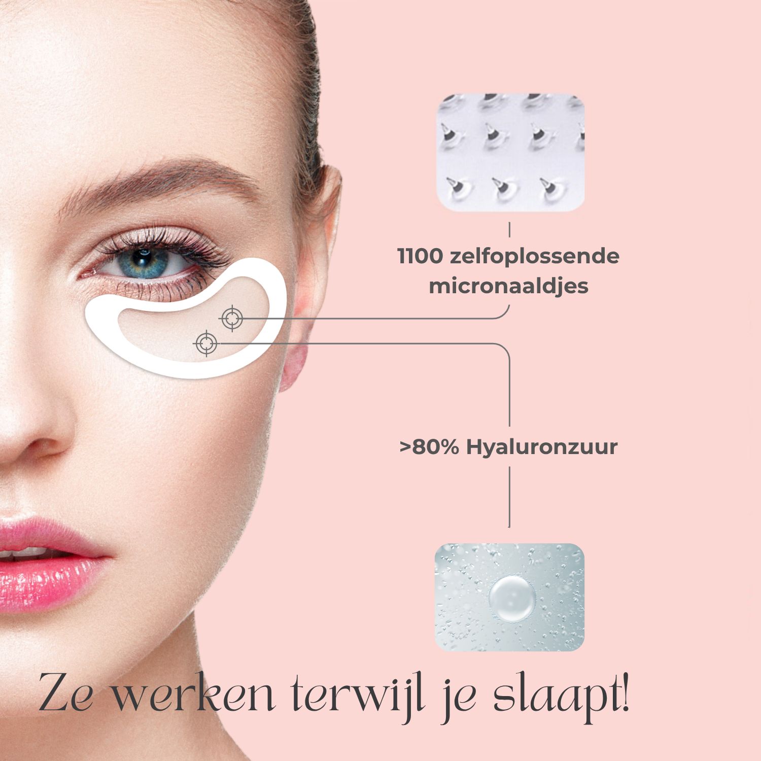 Vrouw met oogpads. Tekst: 1100 zelfoplossende micro-naalden. Meer dan 80% hyaluronzuur. Ze werken terwijl je slaapt!