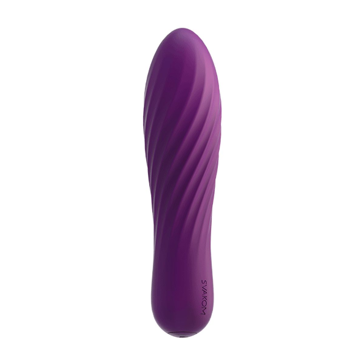 Vibrateur violet avec surface ondulée. Marque SVAKOM en bas.