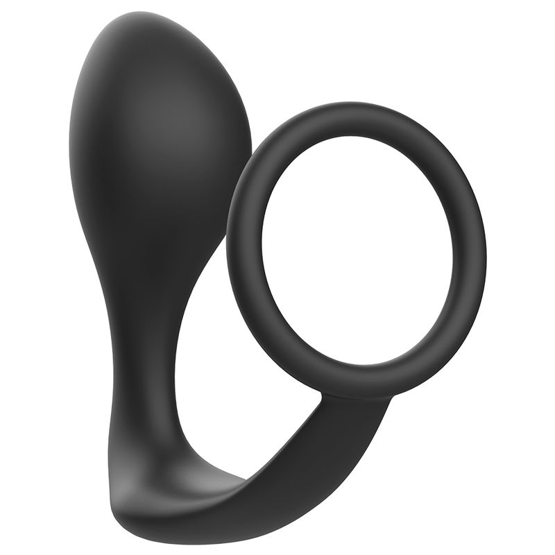 Zwarte anale plug van siliconen met ring. Gebogen vorm met brede basis en ring.