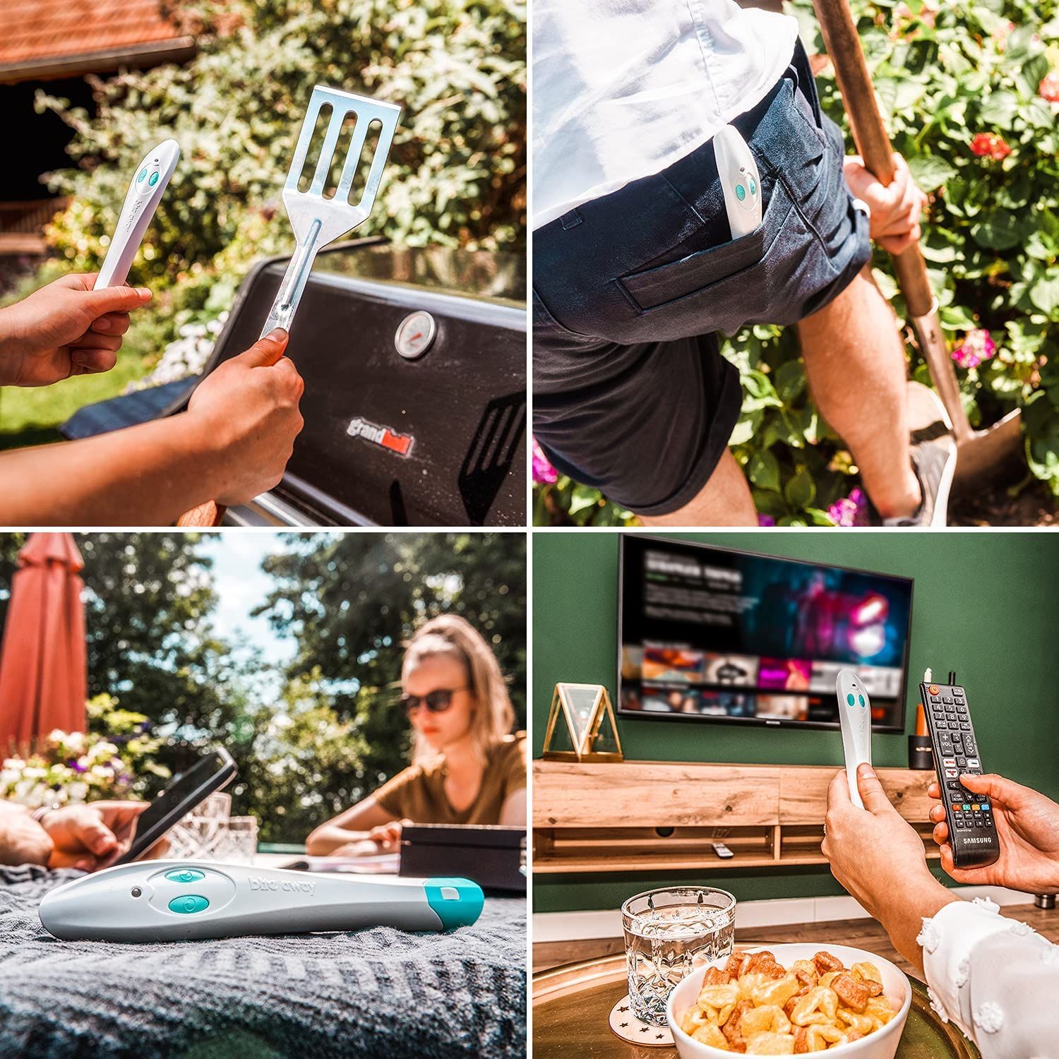 Collage: apparaat in verschillende situaties. Barbecue, broekzak, tafel, tv. Verschillende achtergronden.