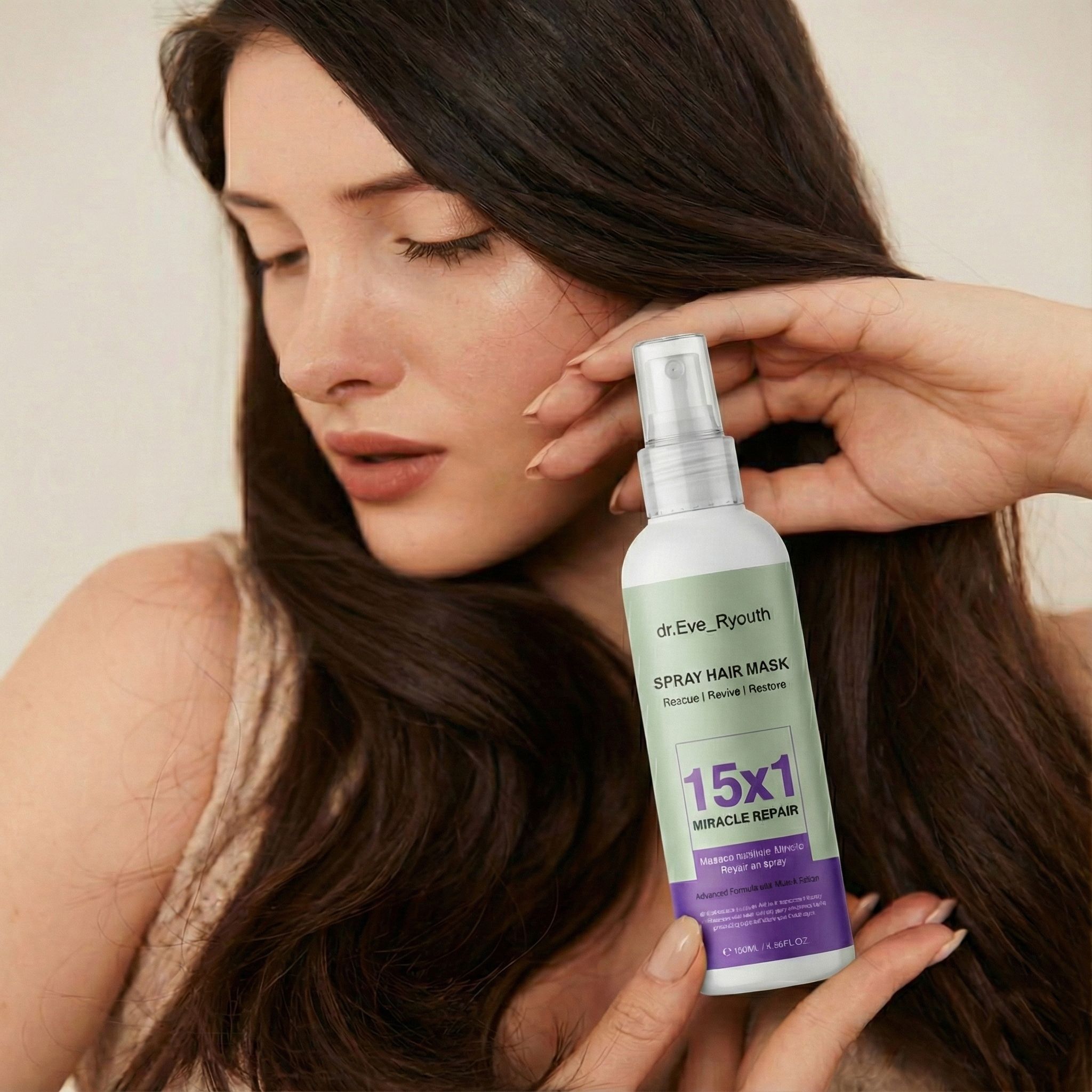 Een vrouw houdt een spray haarmasker met 15x1 Miracle Repair formule vast.
