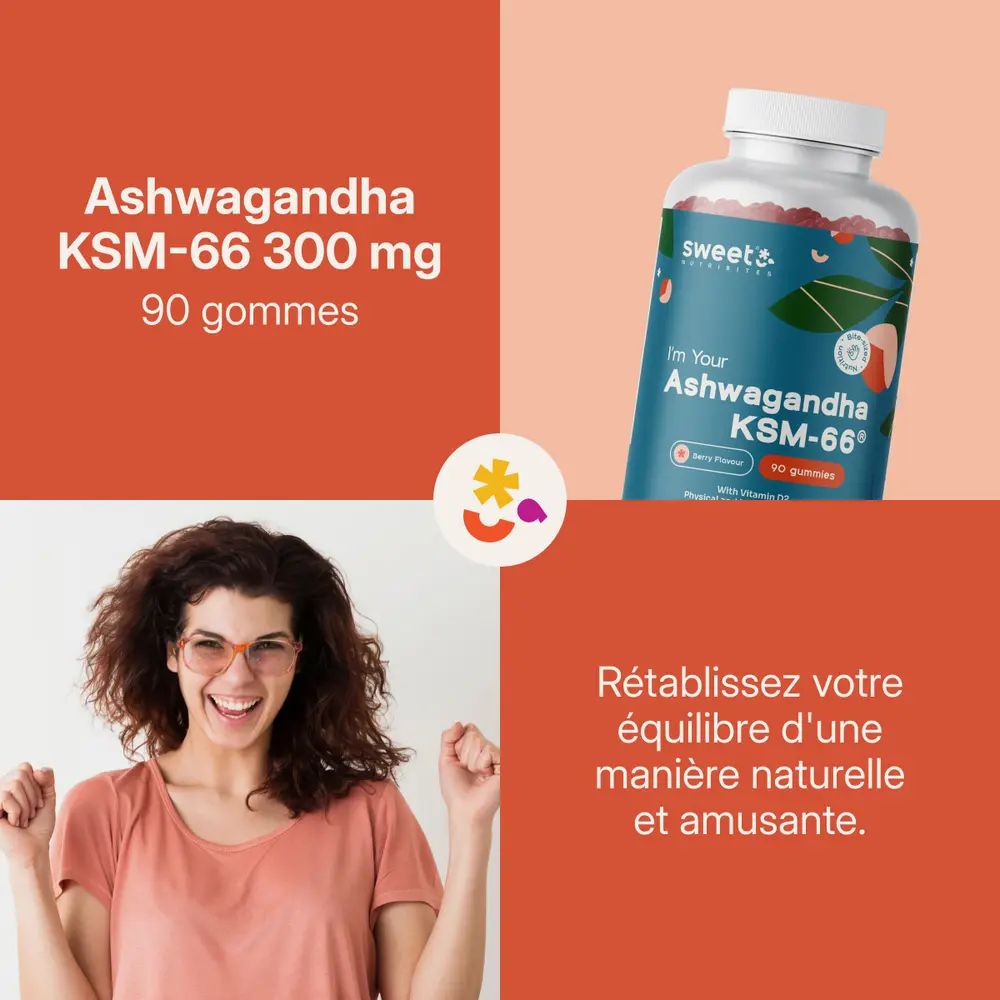 Femme souriante avec des lunettes. À côté, un flacon de 90 gommes. Texte: Ashwagandha KSM-66, 300 mg.