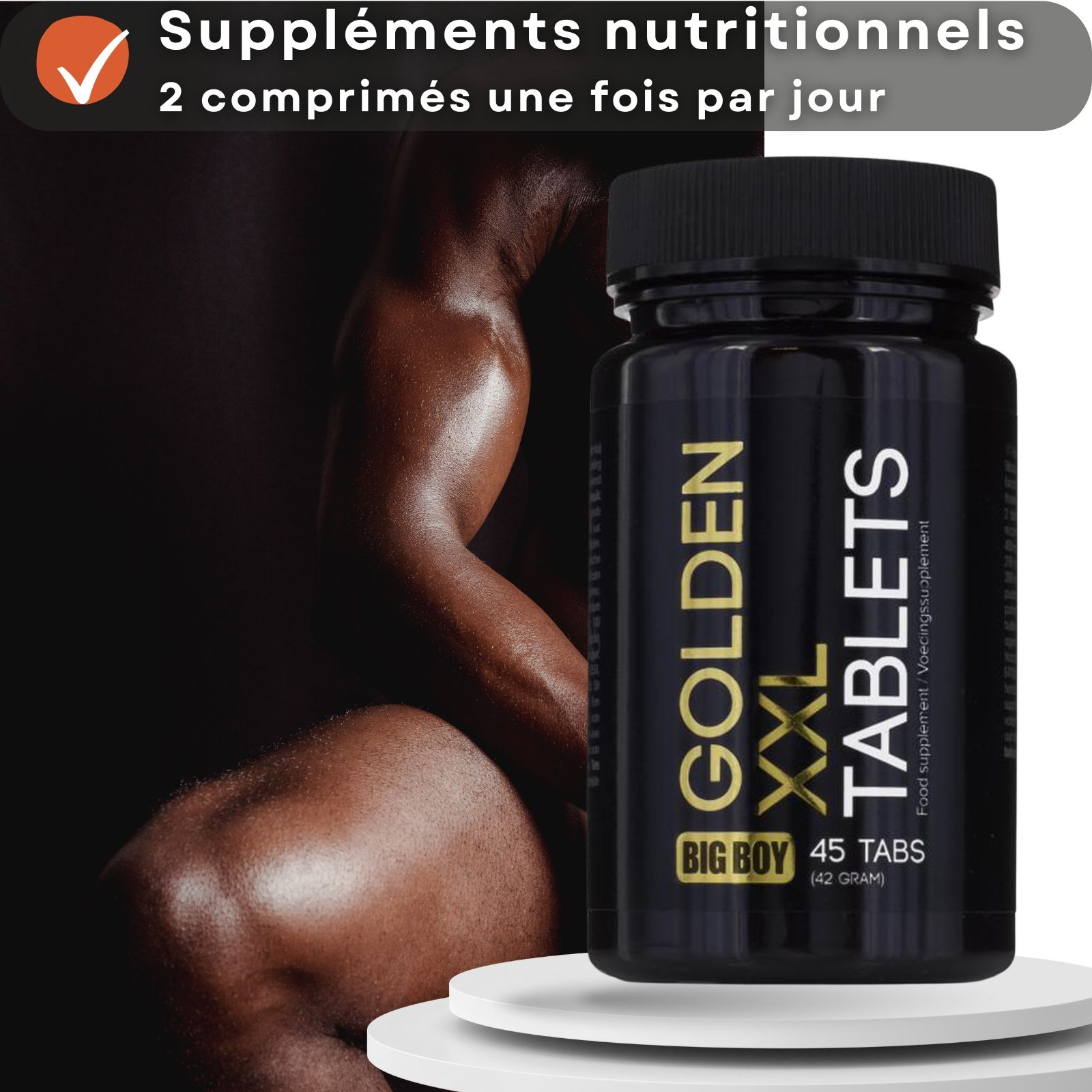 Homme avec flacon de comprimés. Texte : Compléments nutritionnels, 2 comprimés une fois par jour. GOLDEN XXL TABLETS.