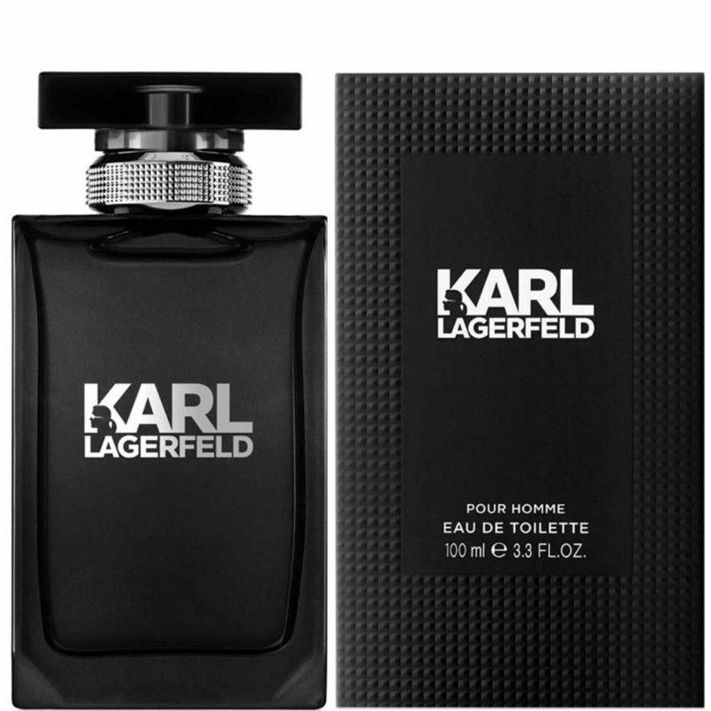 Bouteille noire Karl Lagerfeld Eau de Toilette avec inscription argentée et son emballage.