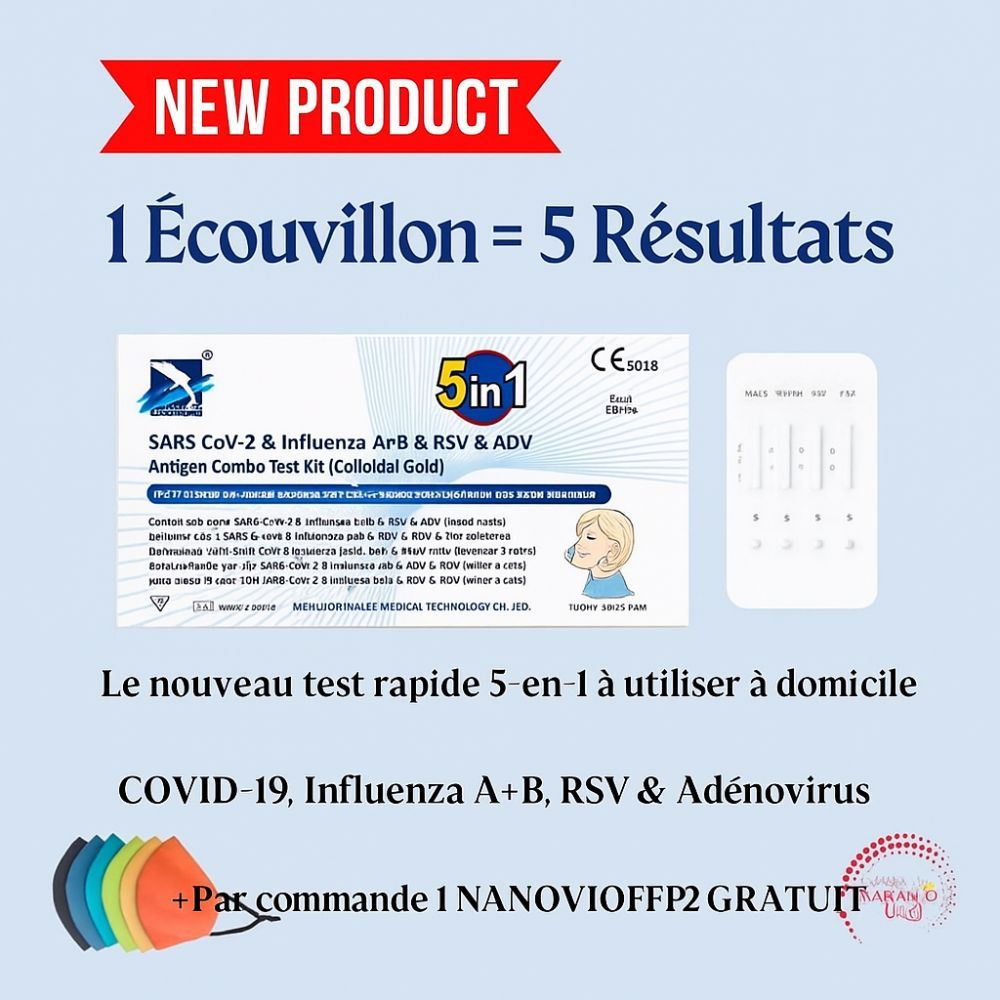 DeepBlue test 5-en-1 COVID-19, grippe A/B, RSV, adénovirus + masque FFP2 GRATUIT