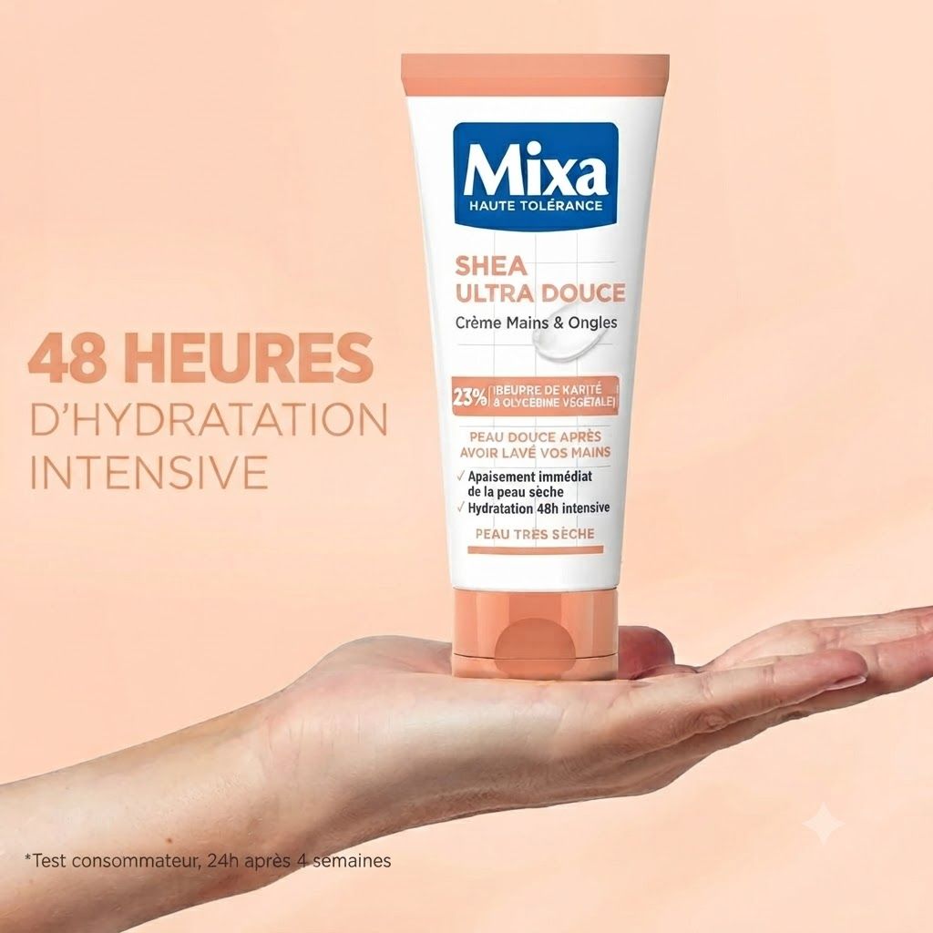 Tube de crème mains et ongles Mixa blanc avec bouchon et étiquette orange. Contient 23% de beurre de karité.