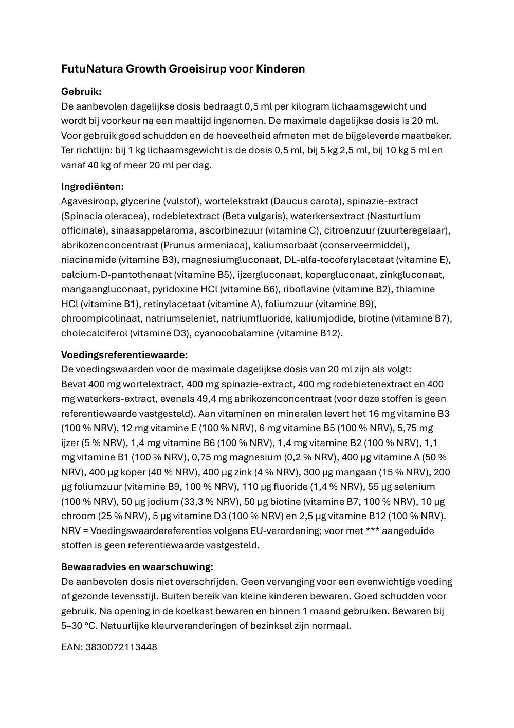 Productbeschrijving: FutuNatura Growth. Ingrediënten, dosering, waarschuwingen. Tekst in het Duits.
