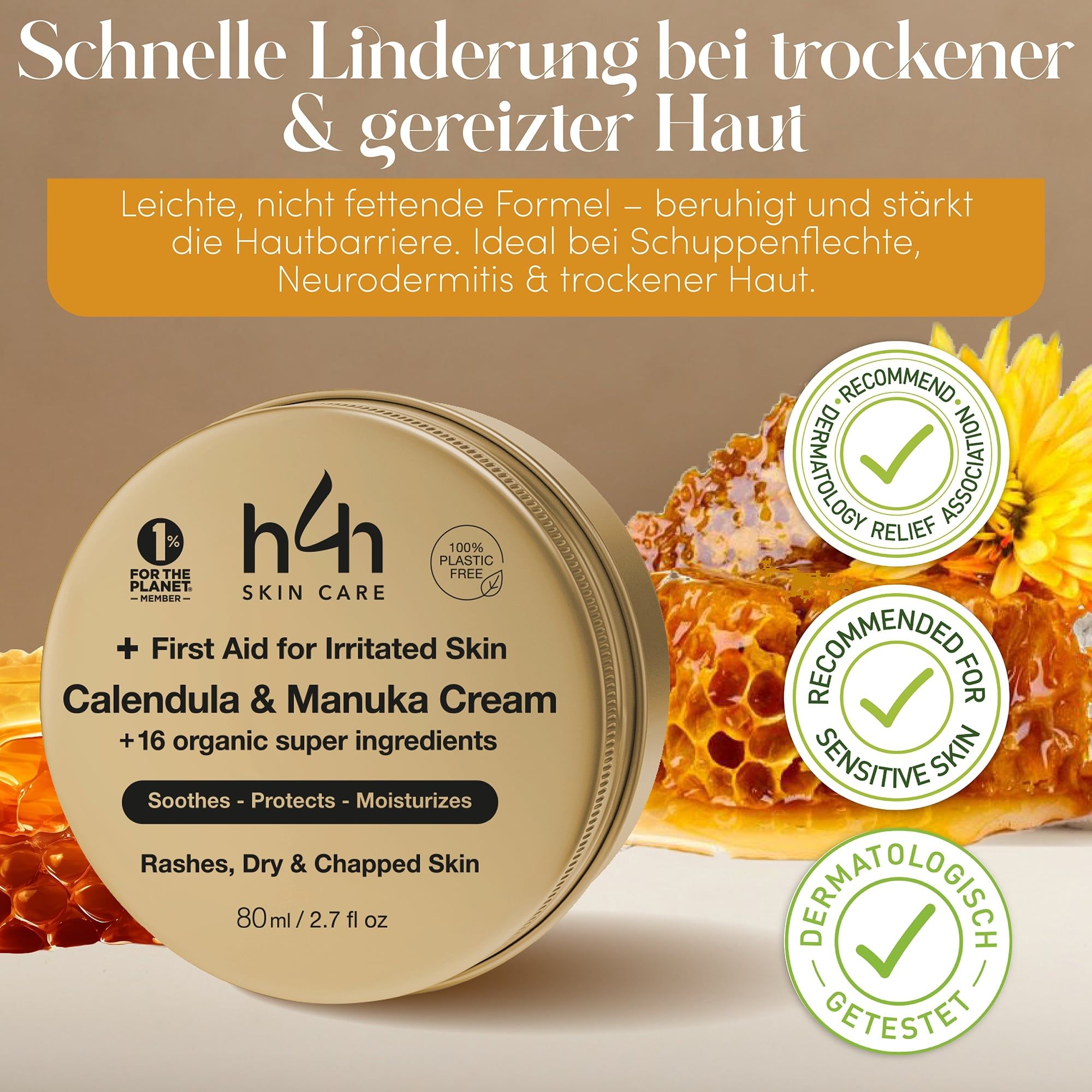 Ronde pot met tekst: H4H Skin Care, + First Aid for Irritated Skin, Calendula & Manuka Cream. Dermatologisch getest.