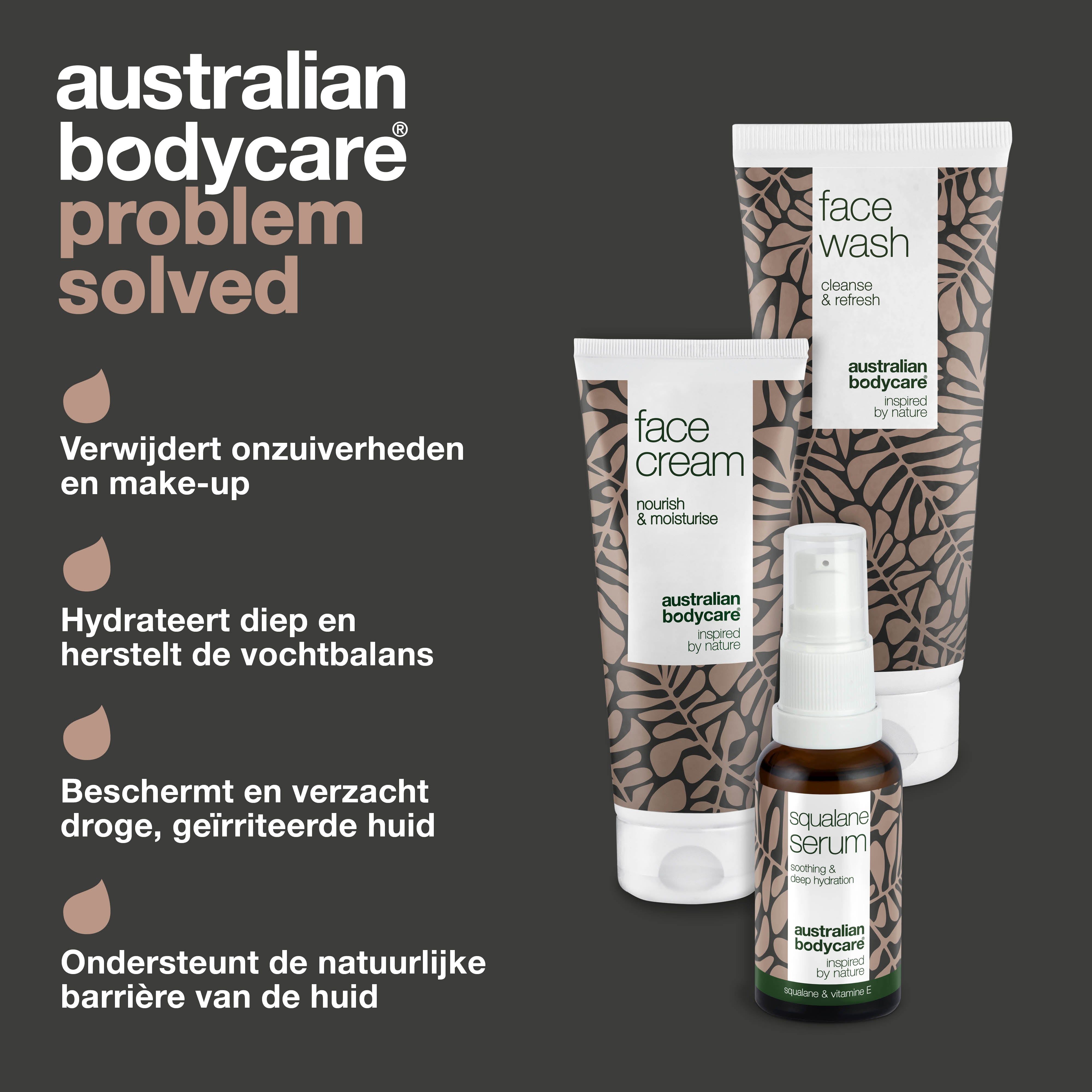 Productset met Face Wash, Face Cream en Squalane Serum. Tekst: verwijdert onzuiverheden, herstelt vocht.