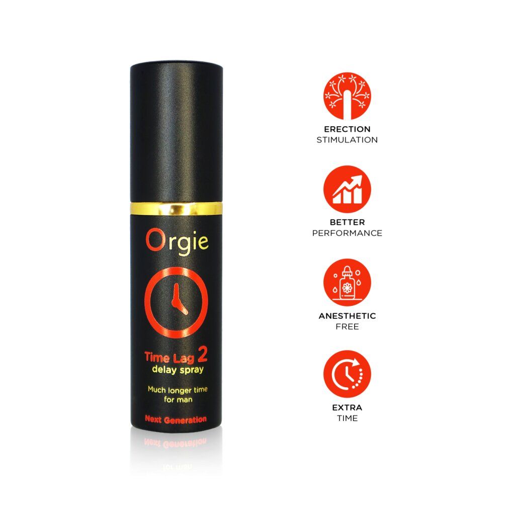 Flacon noir avec bague dorée. Inscription : Orgie, Time Lag 2 Delay Spray. Logo de cadran orange. Icônes.