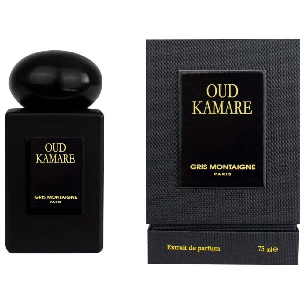 Donkergrijze fles en verpakking. Opschrift "Oud Kamare" en "Gris Montaigne Paris". Tekst: Extrait de parfum.